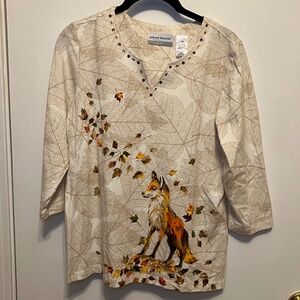 Alfred dunner women top. Fall vibes. Leaves and fox. Embellished neckline
